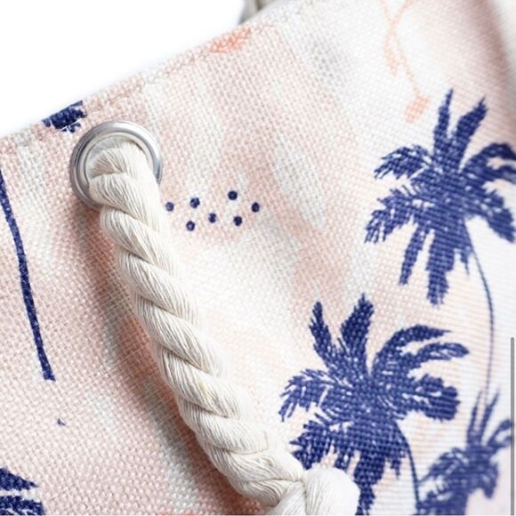Sand Navy Palm Tree Flamingo Summer Zippered Tote Bag NWT - Picture 6 of 12